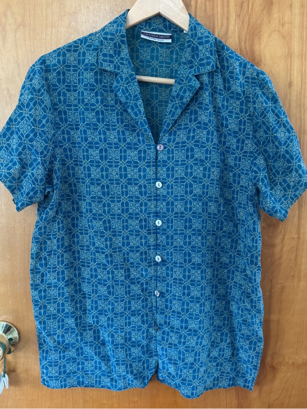 Amanda Smith Teal-Blue Geometric Short-Sleeve Button-Down Shirt